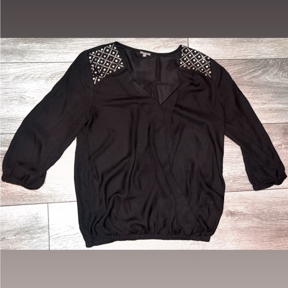 Charlotte Russe Women’s Size Medium Blouse Sheer Black Vneck Jewel Stud Detail